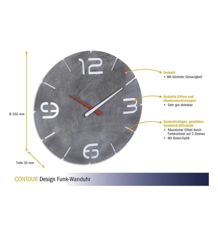 TFA DOSTMANN - Funk-Wanduhr Contour Beton-Optik, Ø 35 cm