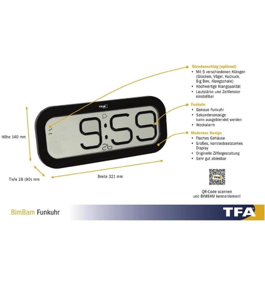 TFA DOSTMANN - Funk-Wanduhr Digital Bimbam Schwarz