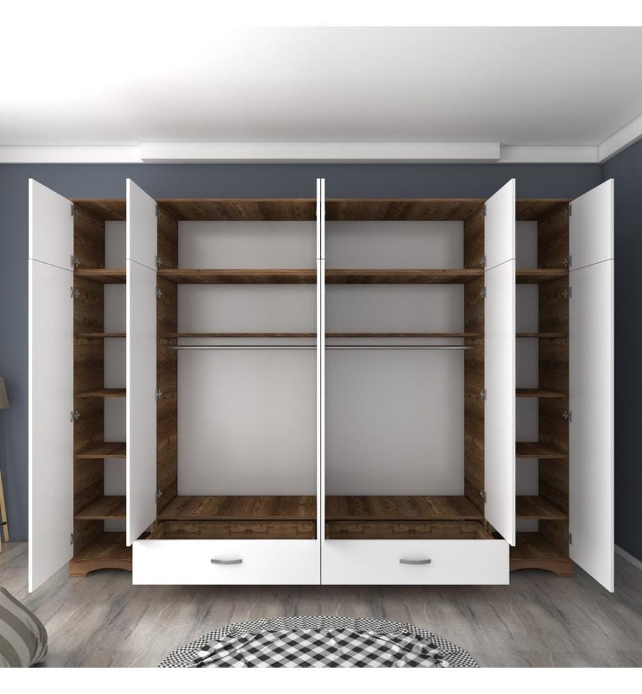 Armoire, noyer, blanc, panneaux de particules de qualité E1 revêtus de mélamine à 100 %