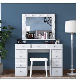 Table de maquillage, blanche, en aggloméré de qualité E1 recouvert de mélamine à 100 %