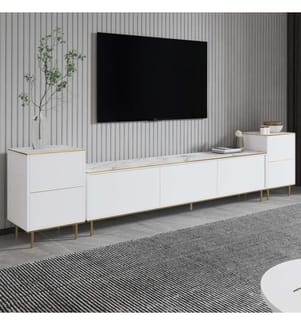 TV-Möbel, weisser Marmor, Gold, 100 % melaminbeschichtete Spanplatte