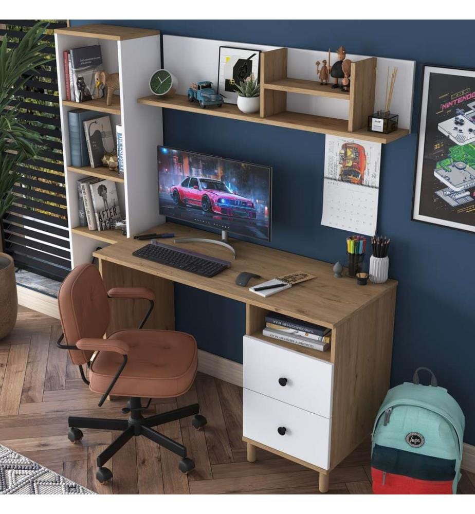 Bureau d'étude, noyer, blanc, panneaux de particules mélaminés