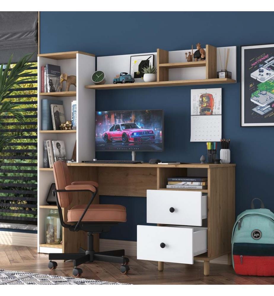 Bureau d'étude, noyer, blanc, panneaux de particules mélaminés