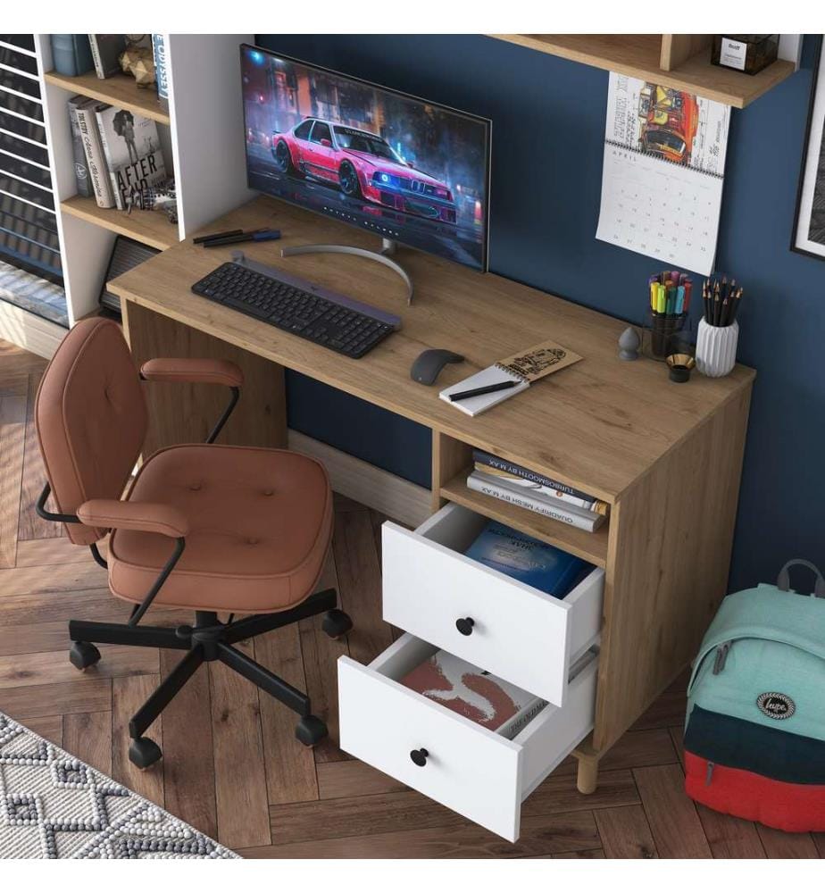 Bureau d'étude, noyer, blanc, panneaux de particules mélaminés