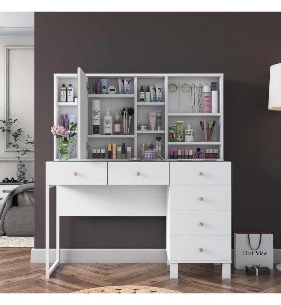 Table de maquillage, blanche, en aggloméré de qualité E1 recouvert de mélamine à 100 %