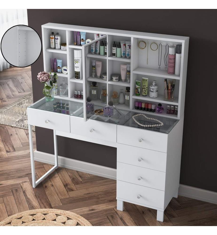 Table de maquillage, blanche, en aggloméré de qualité E1 recouvert de mélamine à 100 %