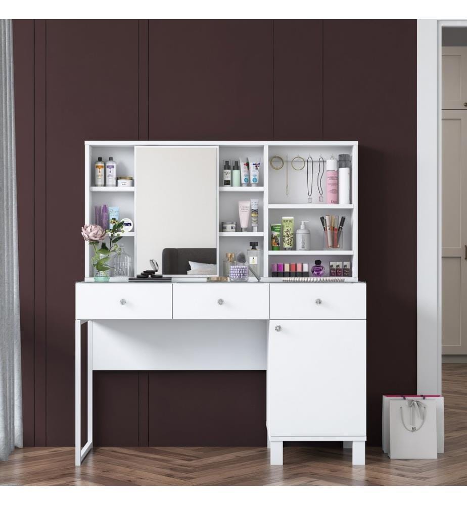 Table de maquillage, blanche, en aggloméré de qualité E1 recouvert de mélamine à 100 %