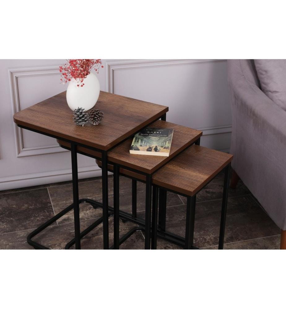 Nesting Table, 3 Pieces, Walnut, Black, Metal Frame, MDF Top