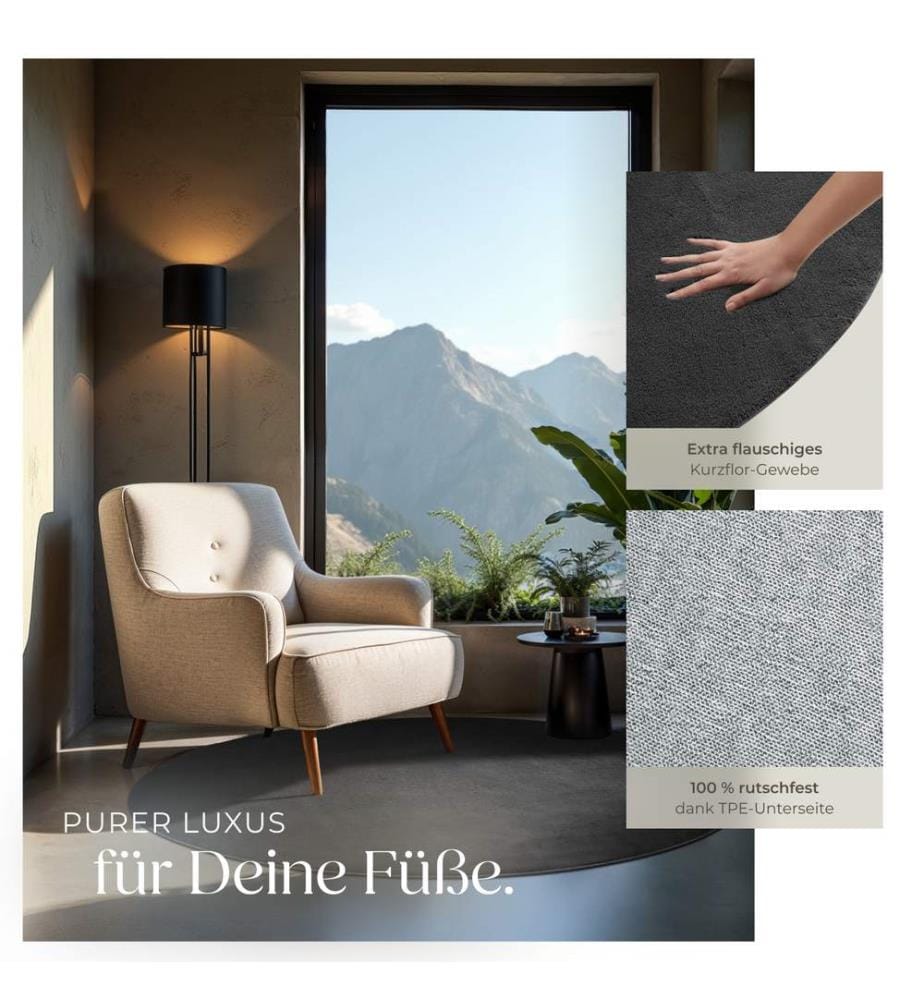 Rug Zonelle - short pile and ultra-soft, rectangular or round - anthracite, Ø 120 cm