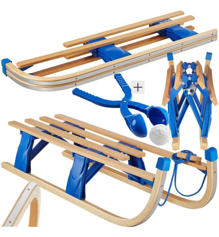 Holzschlitten Jeffrey, klappbar mit Zugseil, Schneeballzange - braun