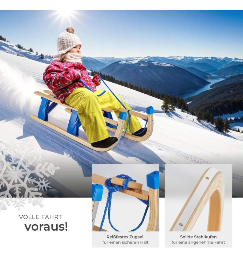 Holzschlitten Jeffrey, klappbar mit Zugseil, Schneeballzange - braun