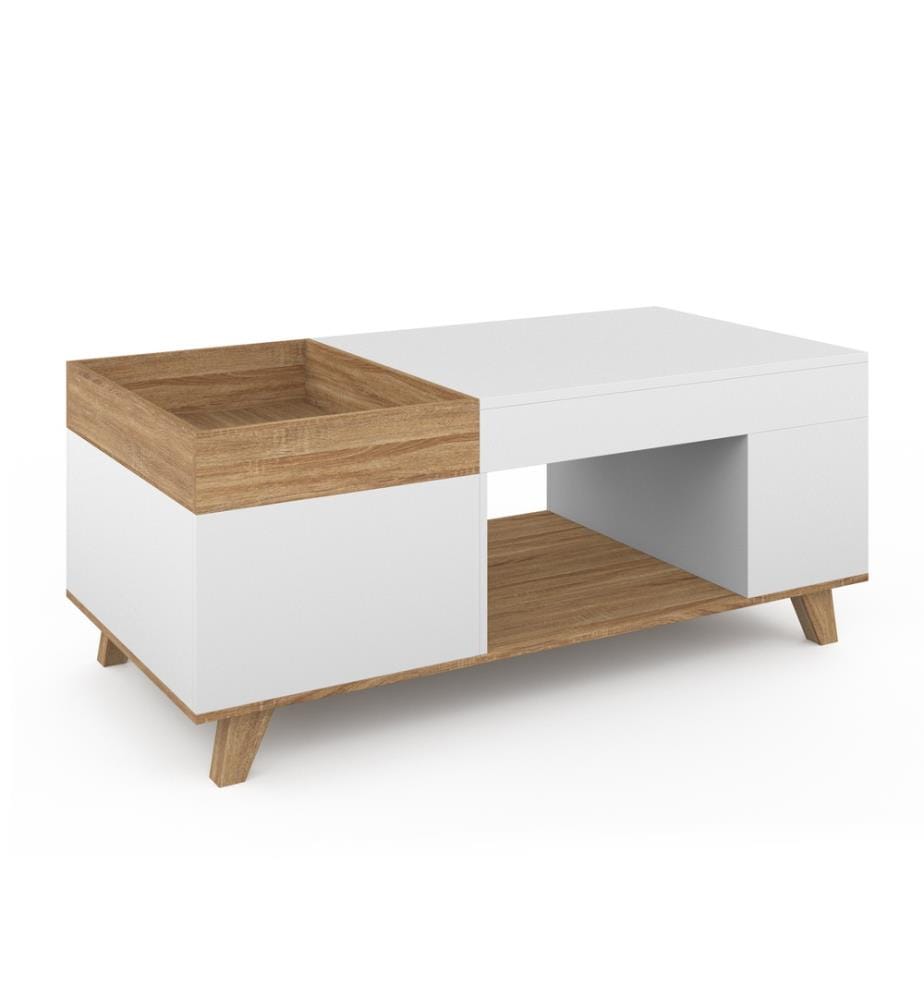 Stella coffee table with lift-up top and double chest - Brown and white