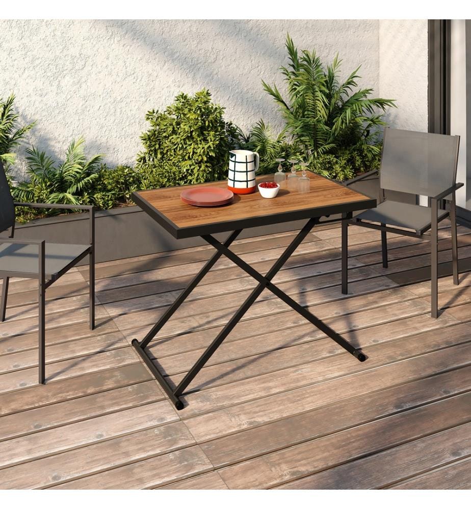 Klappbarer Gartentisch Oleg 100cm gehärtetes Glas - Schwarz und Holz