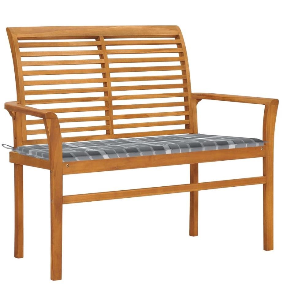 Banc de jardin avec coussin à carreaux gris 112 cm Teck massif
