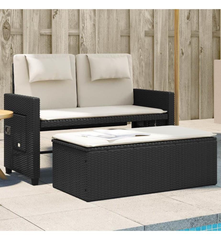 Banc inclinable de jardin avec coussins noir résine tressée