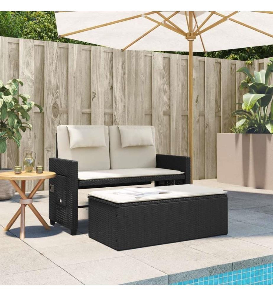 Banc inclinable de jardin avec coussins noir résine tressée