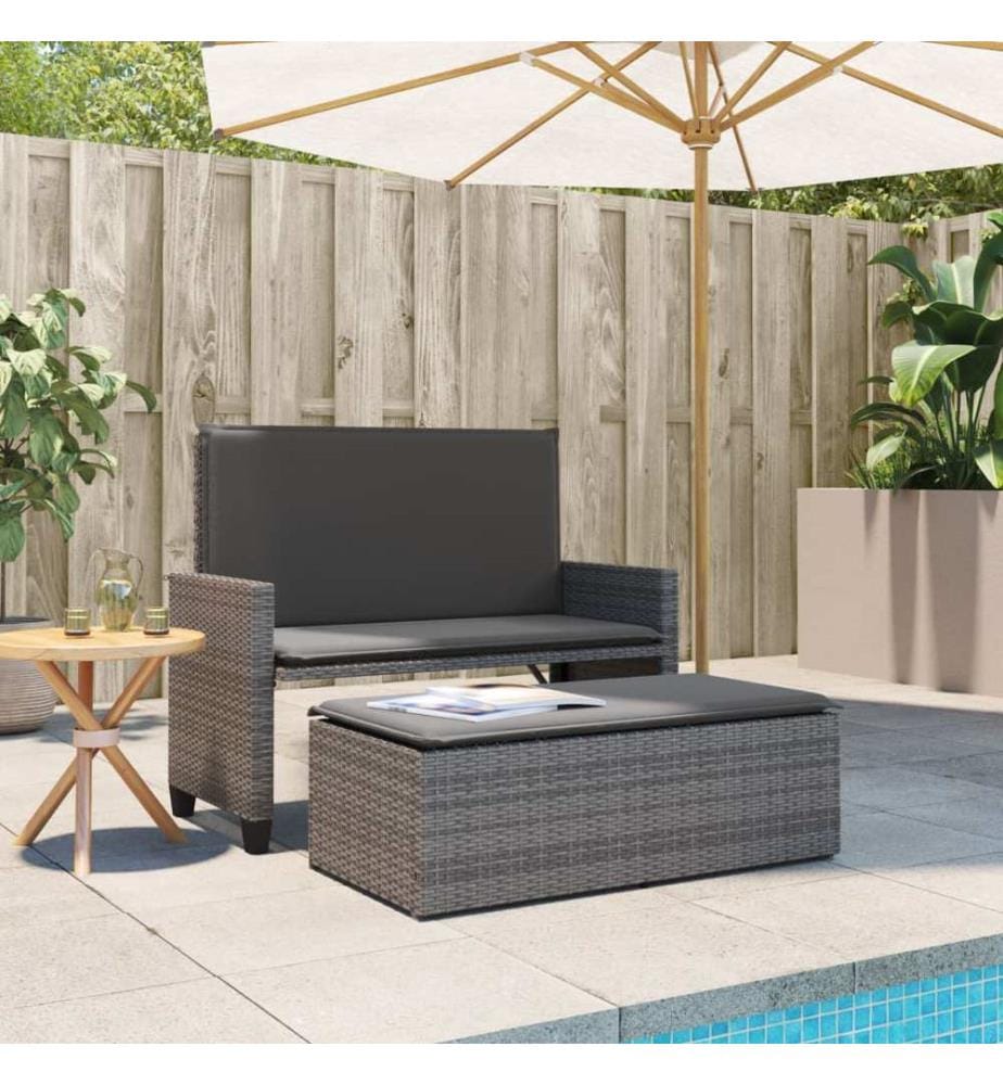 Gartenbank mit Kissen und Hocker Grau Poly Rattan