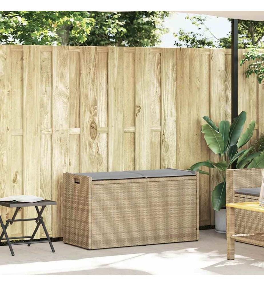 Outdoor storage bench with cushion beige 100 cm woven resin