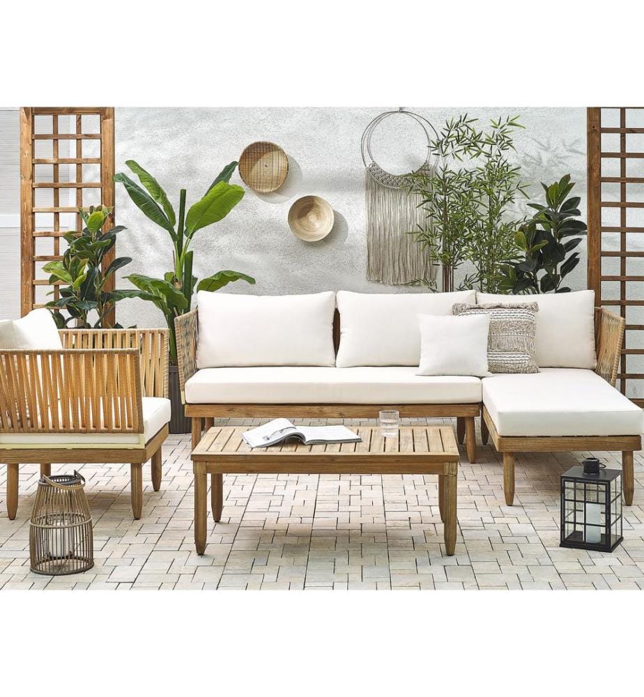 Lounge Set mit Tisch 4-Sitzer CREMONA linksseitig Akazienholz Cremeweiss