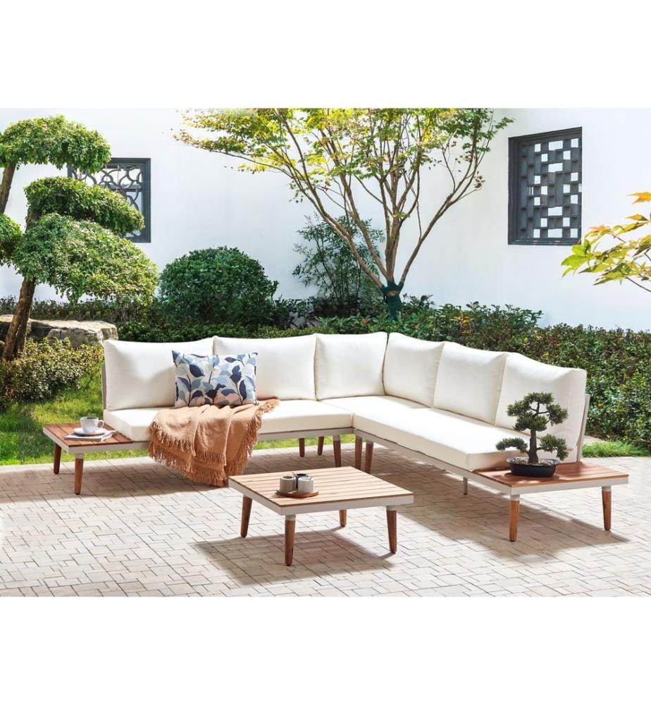 Ensemble de canapés d'angle de jardin 5 places CORATO Acacia Blanc cassé