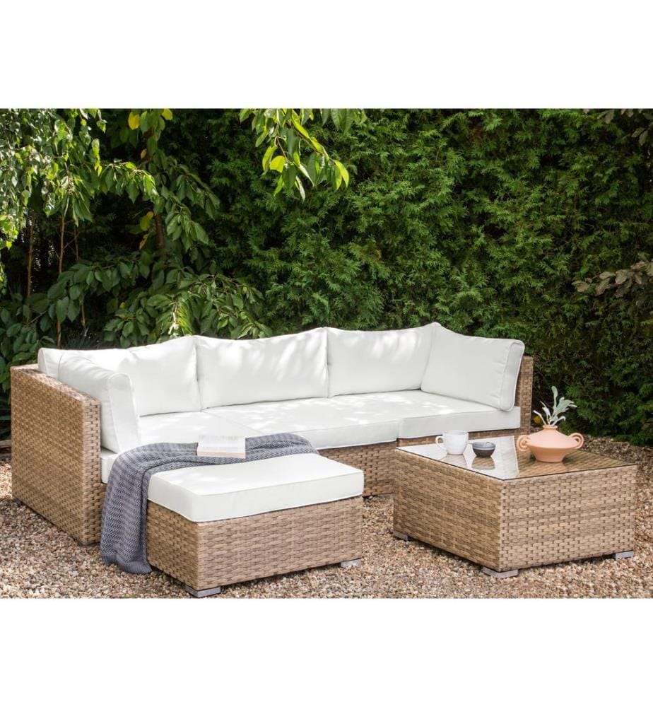 Garten Ecksofa mit Tisch 4-Sitzer SANO rechtsseitig modular Polyrattan Naturfarben