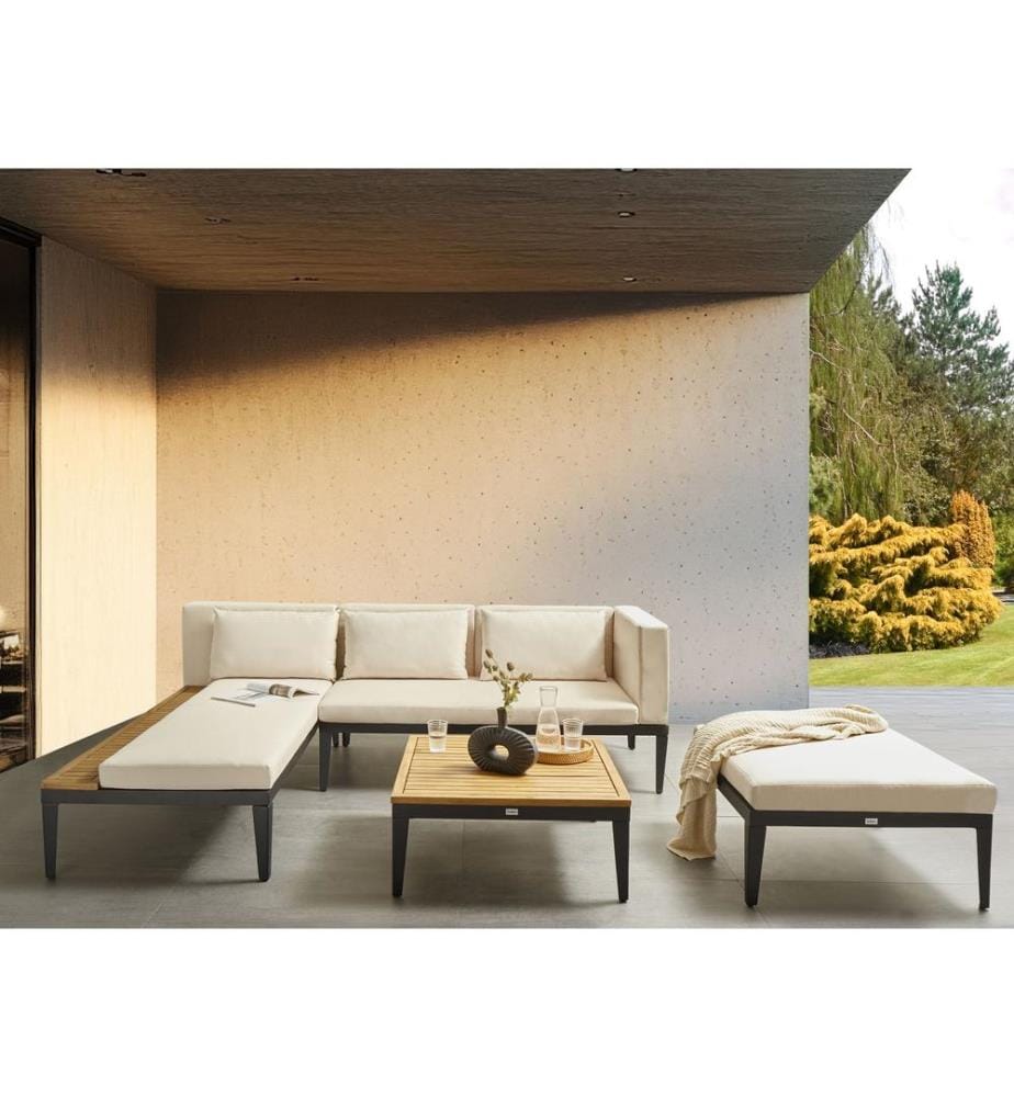 Lounge Set mit Tisch und Ottomane 3-Sitzer BRACCIANO rechtsseitig zertifiziertes Akazienholz Hellbeige