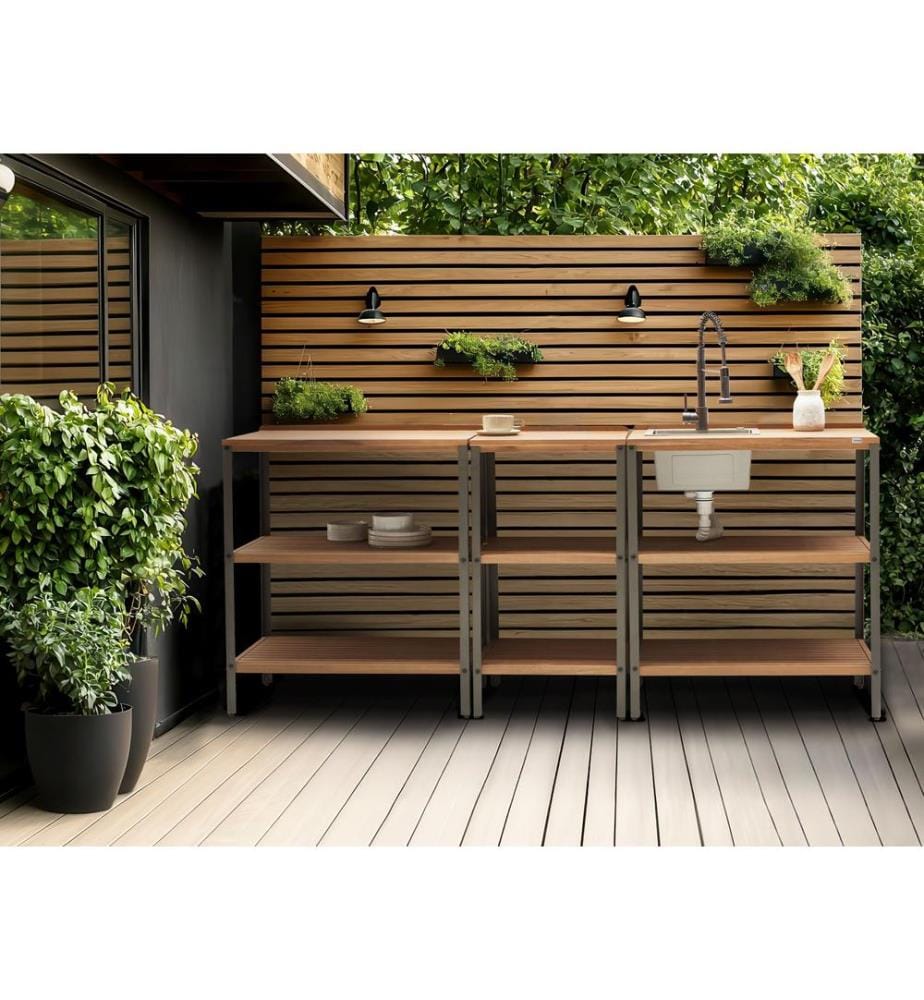 Set cucina da esterno 3 elementi con lavello IVREA Legno di acacia certificato Marrone/ Nero