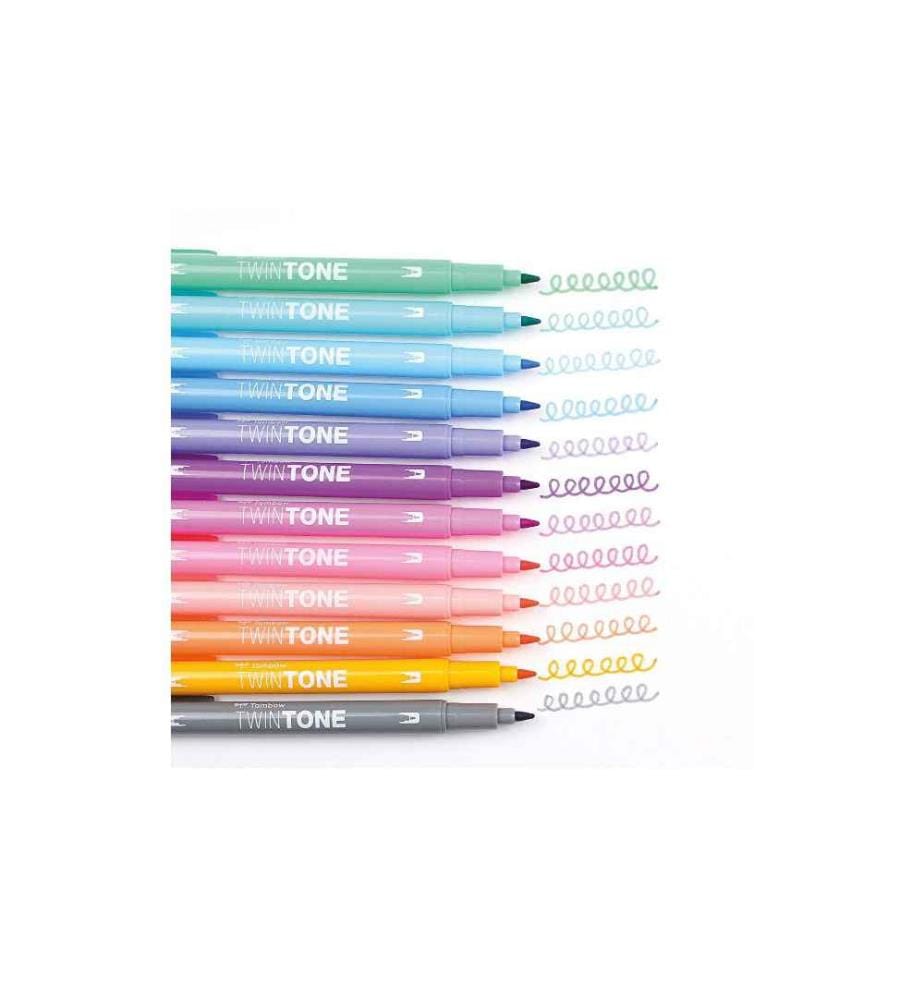 TOMBOW - Fineliner TwinTone Pastels 0.8 mm, 0.3 mm, 12 pièces