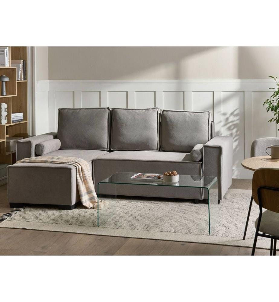 Eckschlafsofa 3-Sitzer EDANE Stoff Grau mit Stauraum rechtsseitig