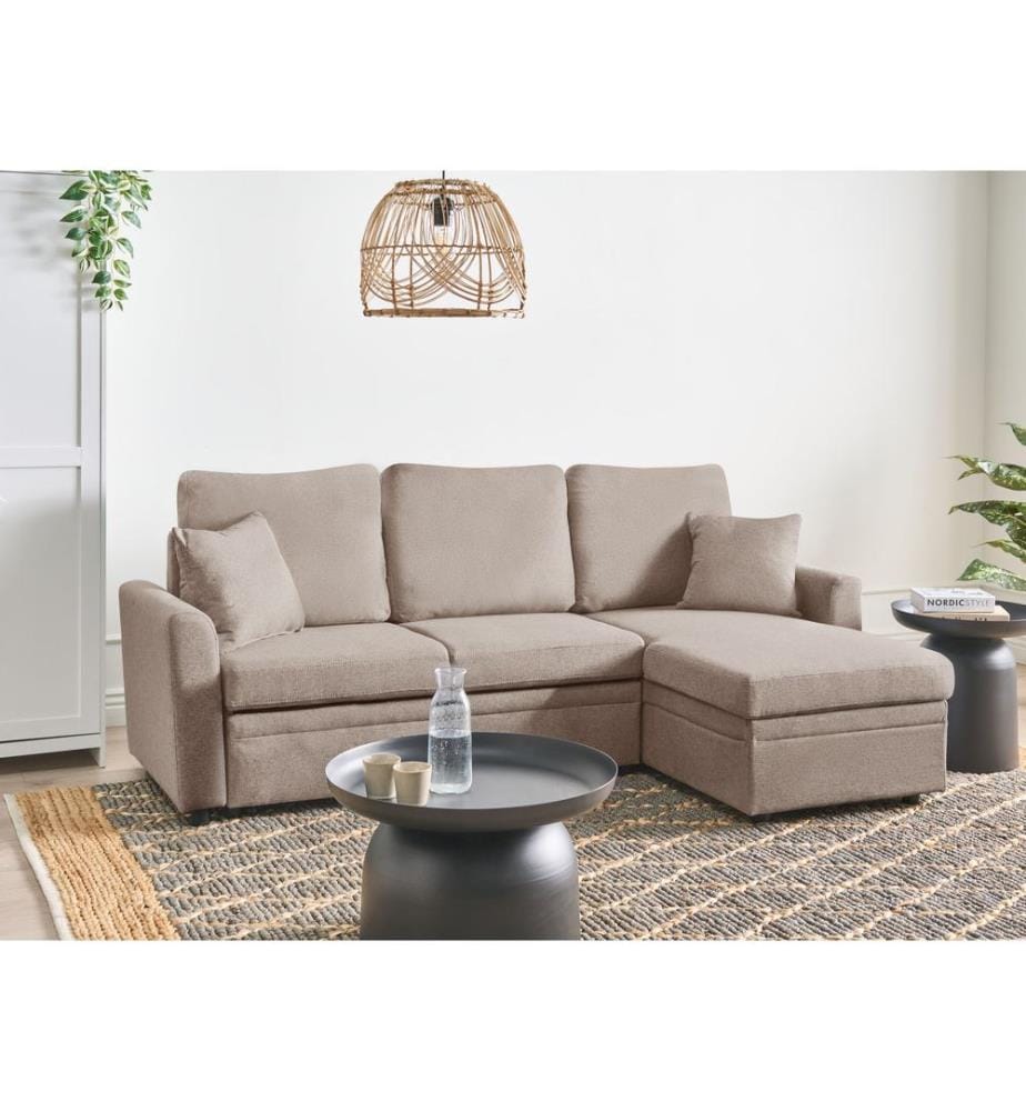 Eckschlafsofa 3-Sitzer NASSJO Kunstleinen Hellbraun mit Stauraum linksseitig