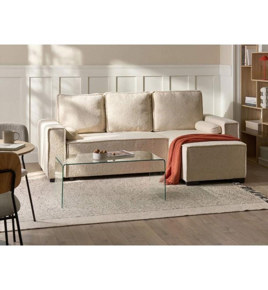 Eckschlafsofa 3-Sitzer EDANE Bouclé Cremeweiss mit Stauraum linksseitig
