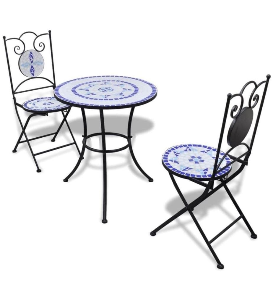 3-tlg. Bistro-Set Keramikfliesen Blau und Weiss