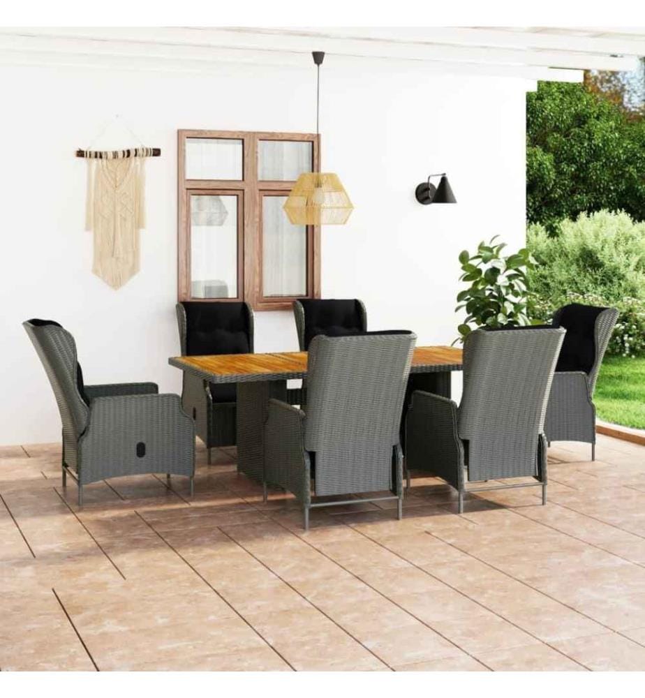 7-tlg. Garten-Essgruppe mit Auflagen Poly Rattan Hellgrau