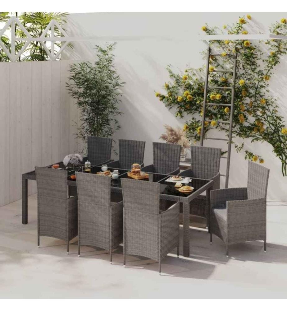 9-tlg. Garten-Essgruppe mit Auflagen Poly Rattan Grau