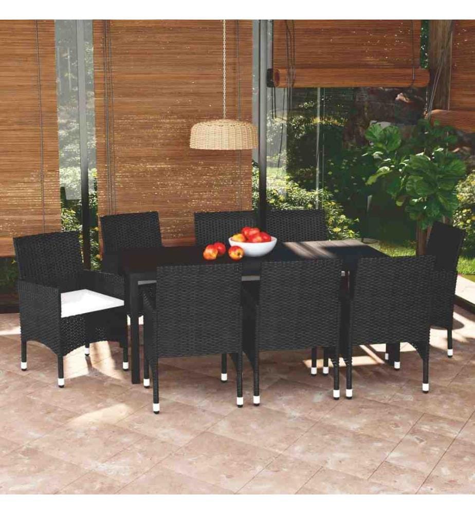9-tlg. Garten-Essgruppe mit Kissen Poly Rattan Schwarz