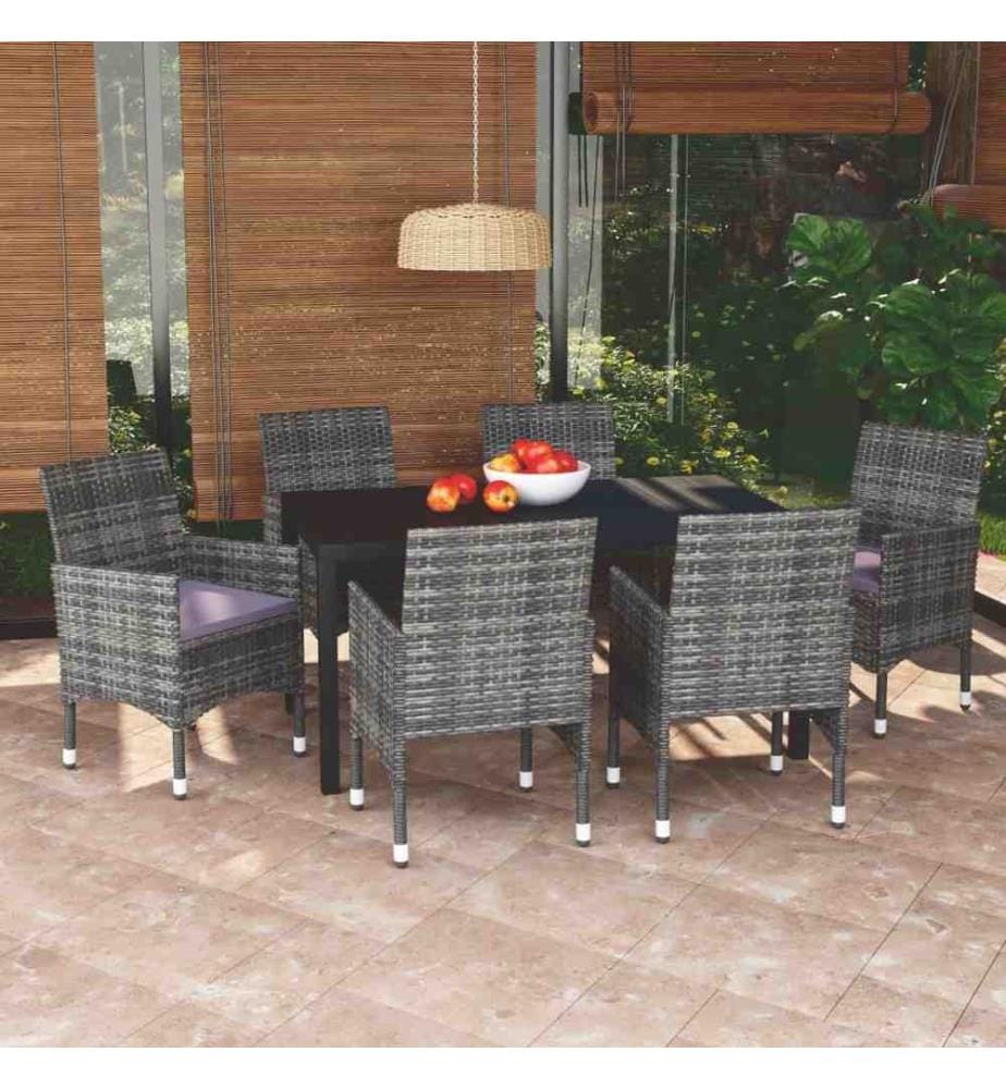 7-tlg. Garten-Essgruppe mit Kissen Poly Rattan Grau
