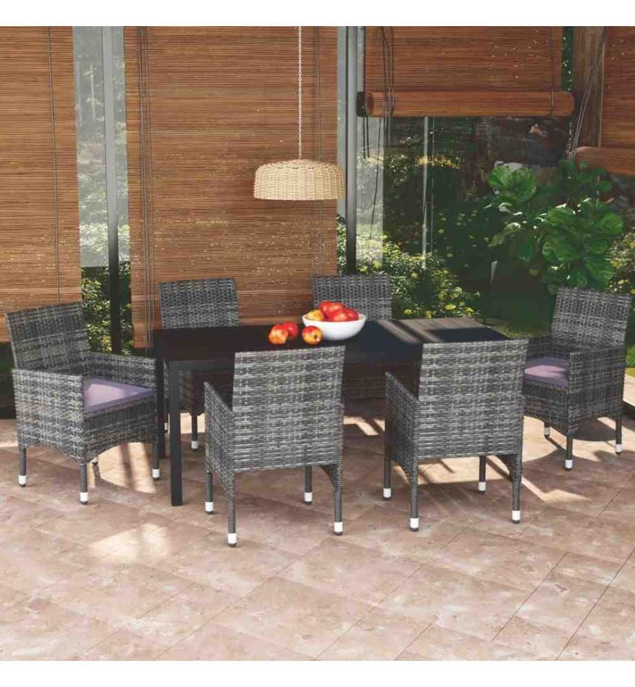 7-tlg. Garten-Essgruppe mit Kissen Poly Rattan Grau