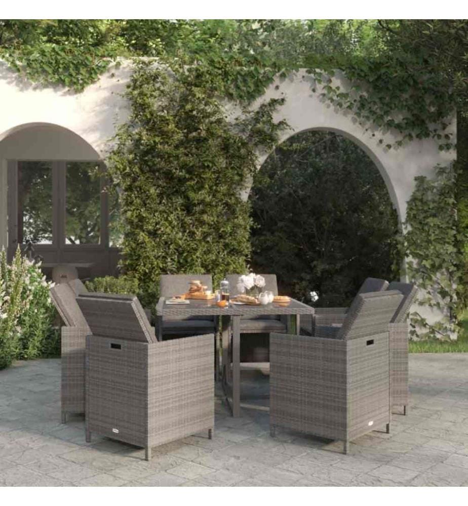 9-tlg. Garten-Essgruppe mit Auflagen Poly Rattan Grau