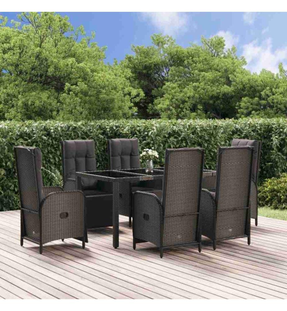 7-tlg. Garten-Essgruppe mit Kissen Schwarz und Grau Poly Rattan