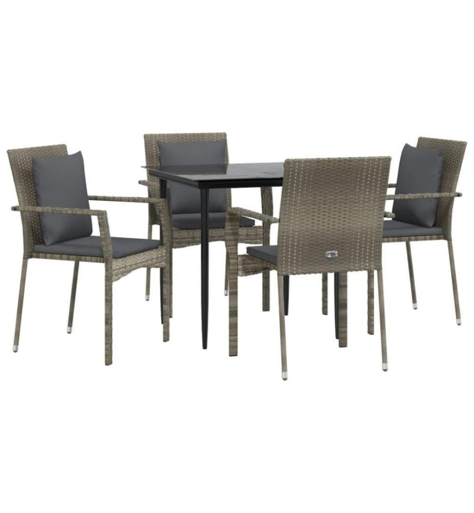 5-tlg. Garten-Essgruppe mit Kissen Schwarz und Grau Poly Rattan