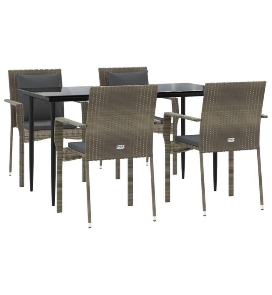 5-tlg. Garten-Essgruppe mit Kissen Schwarz und Grau Poly Rattan