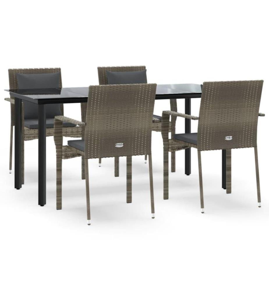 5-tlg. Garten-Essgruppe mit Kissen Schwarz und Grau Poly Rattan