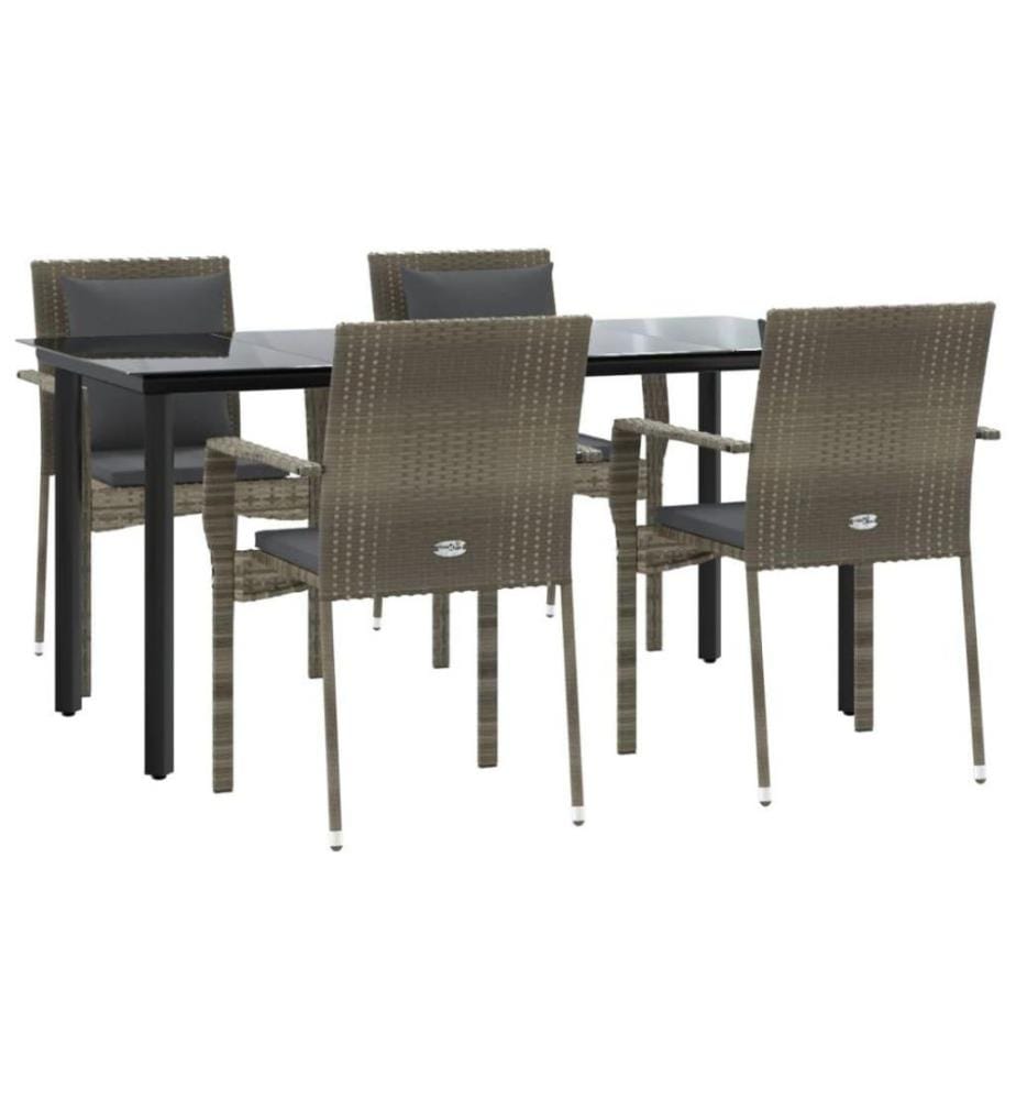 5-tlg. Garten-Essgruppe mit Kissen Schwarz und Grau Poly Rattan