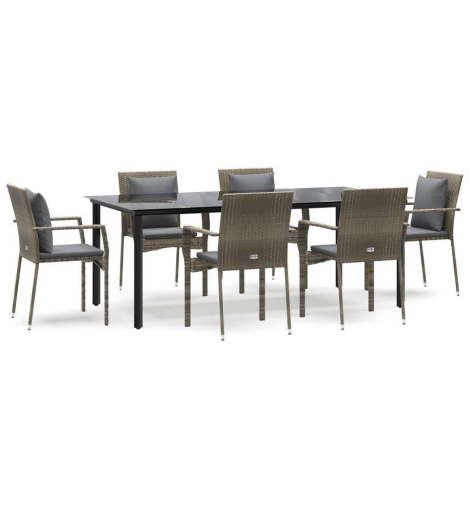 7-tlg. Garten-Essgruppe mit Kissen Schwarz und Grau Poly Rattan