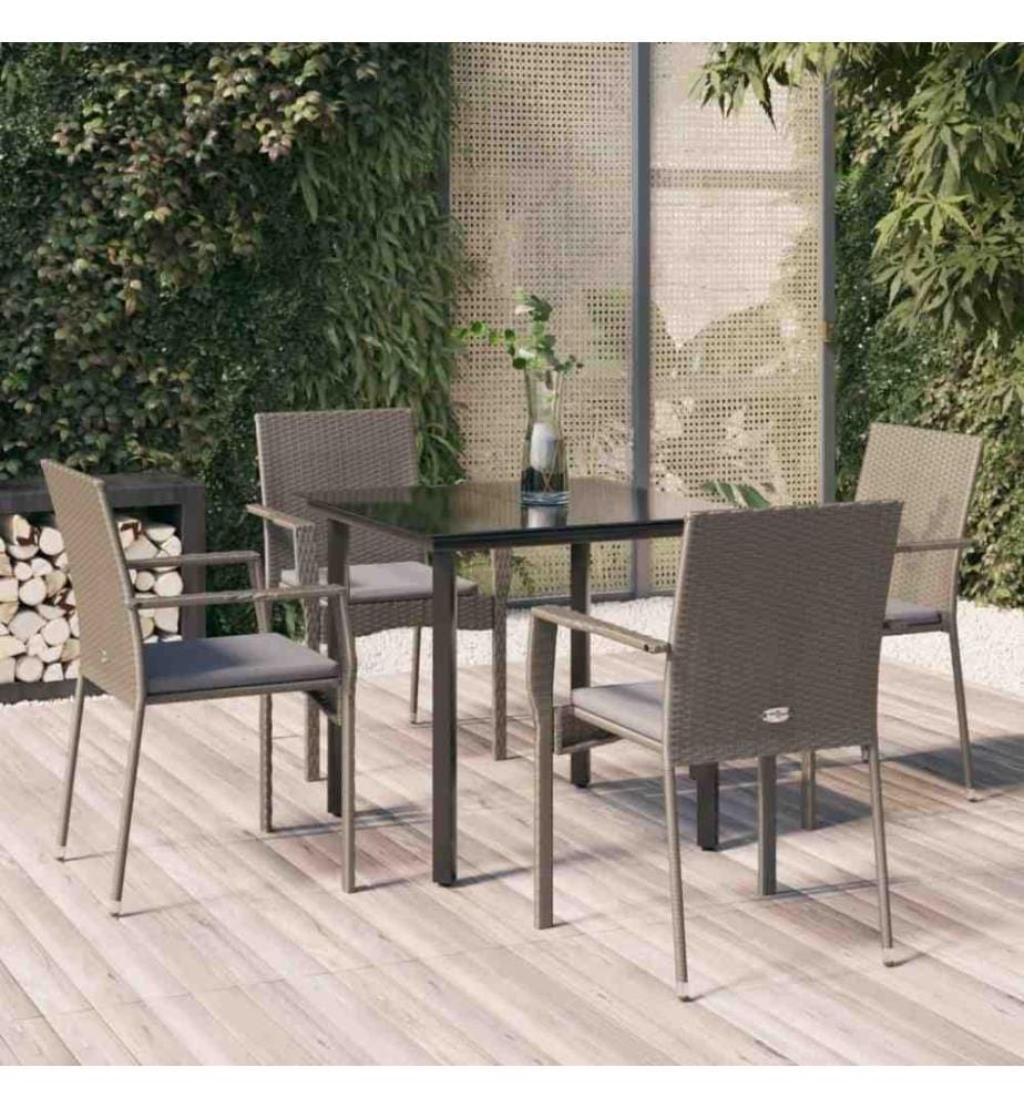 5-tlg. Garten-Essgruppe mit Kissen Schwarz und Grau Poly Rattan