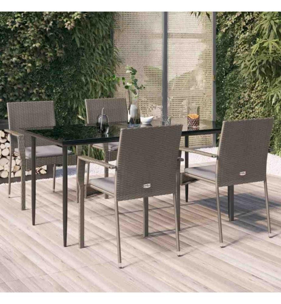 5-tlg. Garten-Essgruppe mit Kissen Schwarz und Grau Poly Rattan