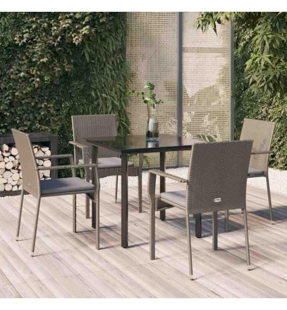5-tlg. Garten-Essgruppe mit Kissen Schwarz und Grau Poly Rattan