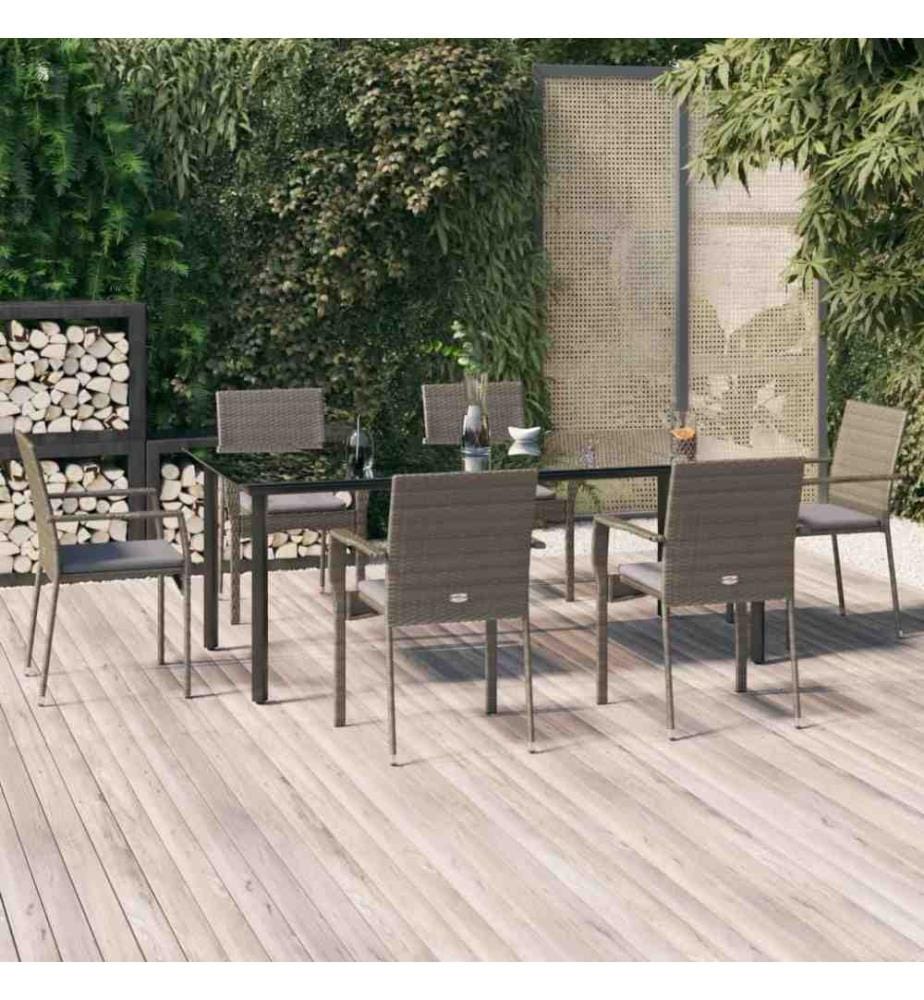 7-tlg. Garten-Essgruppe mit Kissen Schwarz und Grau Poly Rattan
