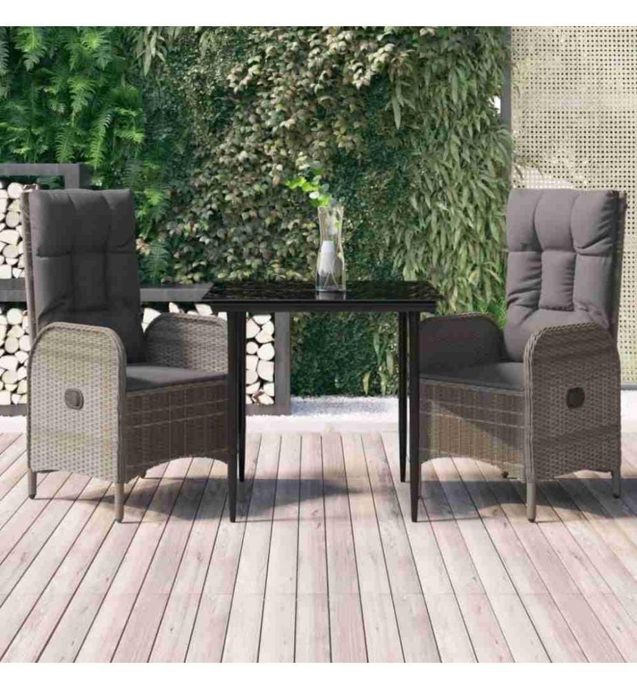 3-tlg. Garten-Essgruppe mit Kissen Schwarz und Grau Poly Rattan