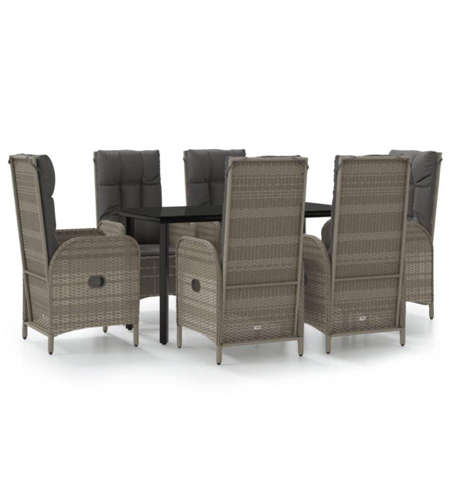 7-tlg. Garten-Essgruppe mit Kissen Schwarz und Grau Poly Rattan